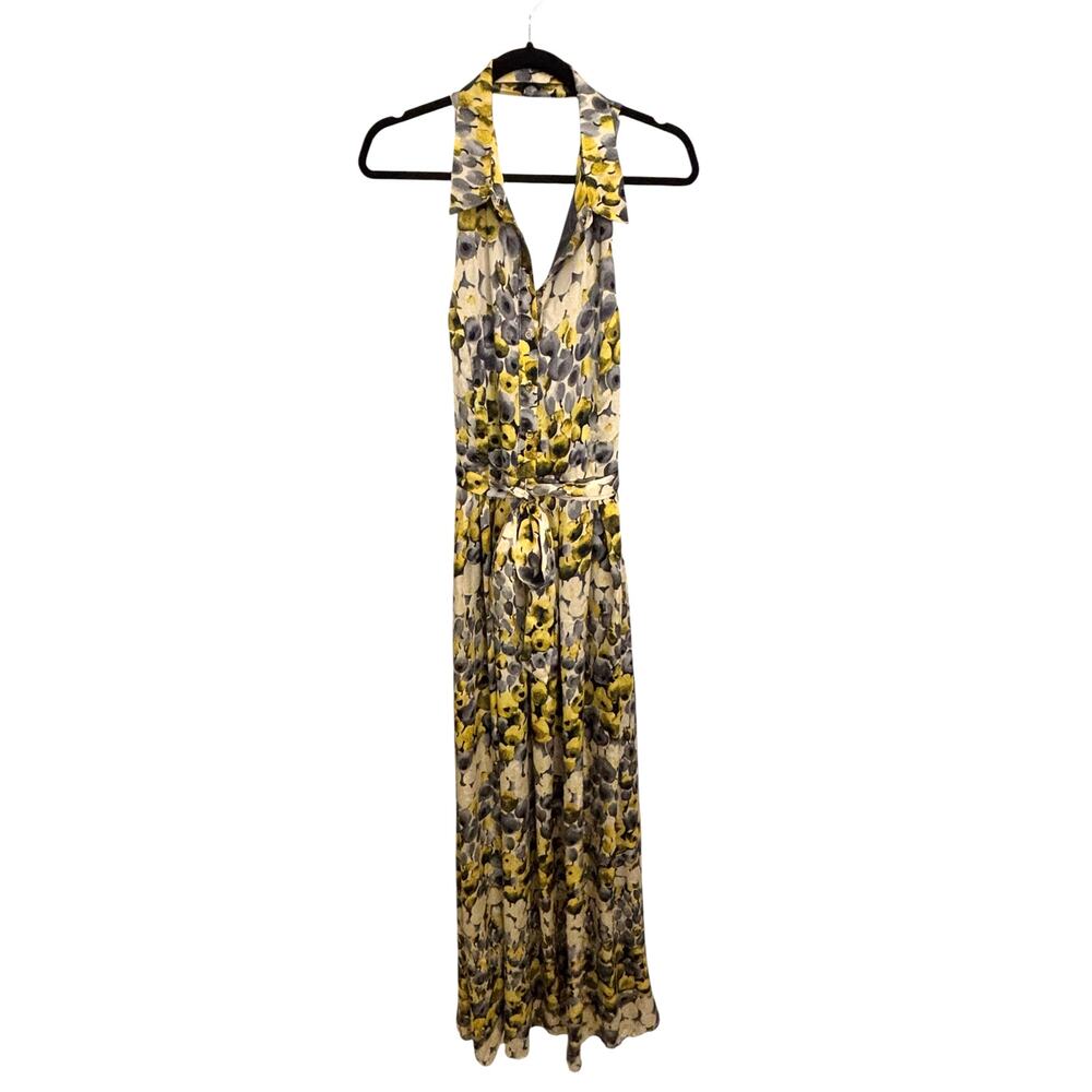 Eva Franco Coconinno Dress Womens XL Collared Sleeveless Tie Maxi Yellow Gray - Picture 3 of 8